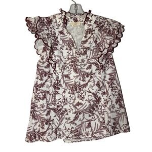 Entro Floral Blouse Womens Medium Burgundy White Scalloped Ruffle Sleeve